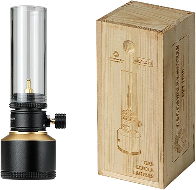 Linterna de vela de gas Campingmoon, tanque recargable de 15 g con estuche de madera (negro) | Caja de Almacenamiento de Madera con Espuma, Bajo Consumo 7 g/h, Brillo Suave Estilo Vela, para Mesa de Camping y Patio