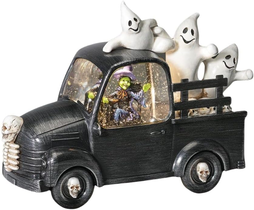 Roman Lighted Swirl Witch Truck with Ghosts – Spooky Halloween Black Pickup with LED Lights & Glitter Swirl – Haunted Halloween Decoration, Ghost & Witch-Themed Collectible Figurine