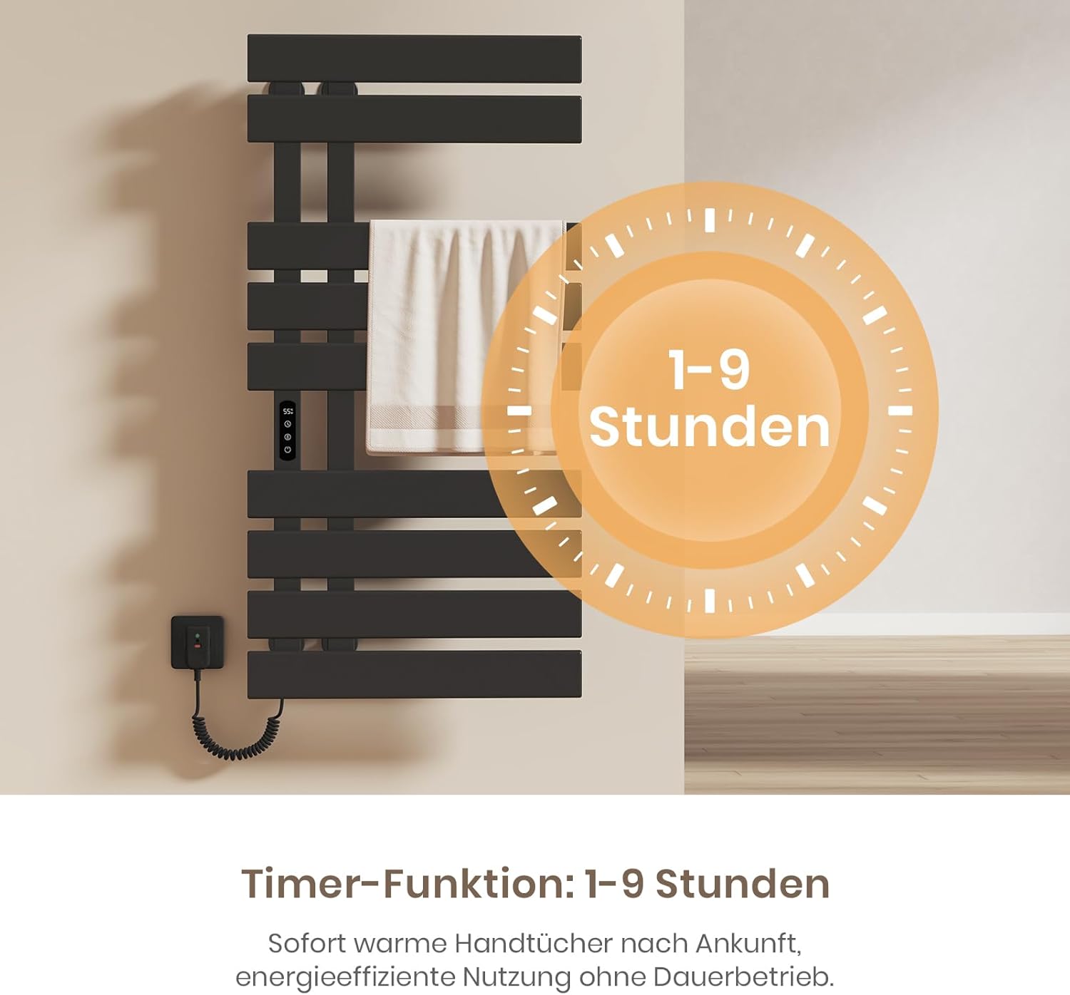 EMKE Electric Towel Warmer with a graphic overlay indicating a 1-9 hour timer function.