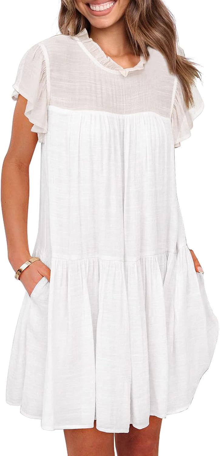 Sidefeel Womens O Neck Ruffle Sleeve Loose Tiered Backless Mini Dress