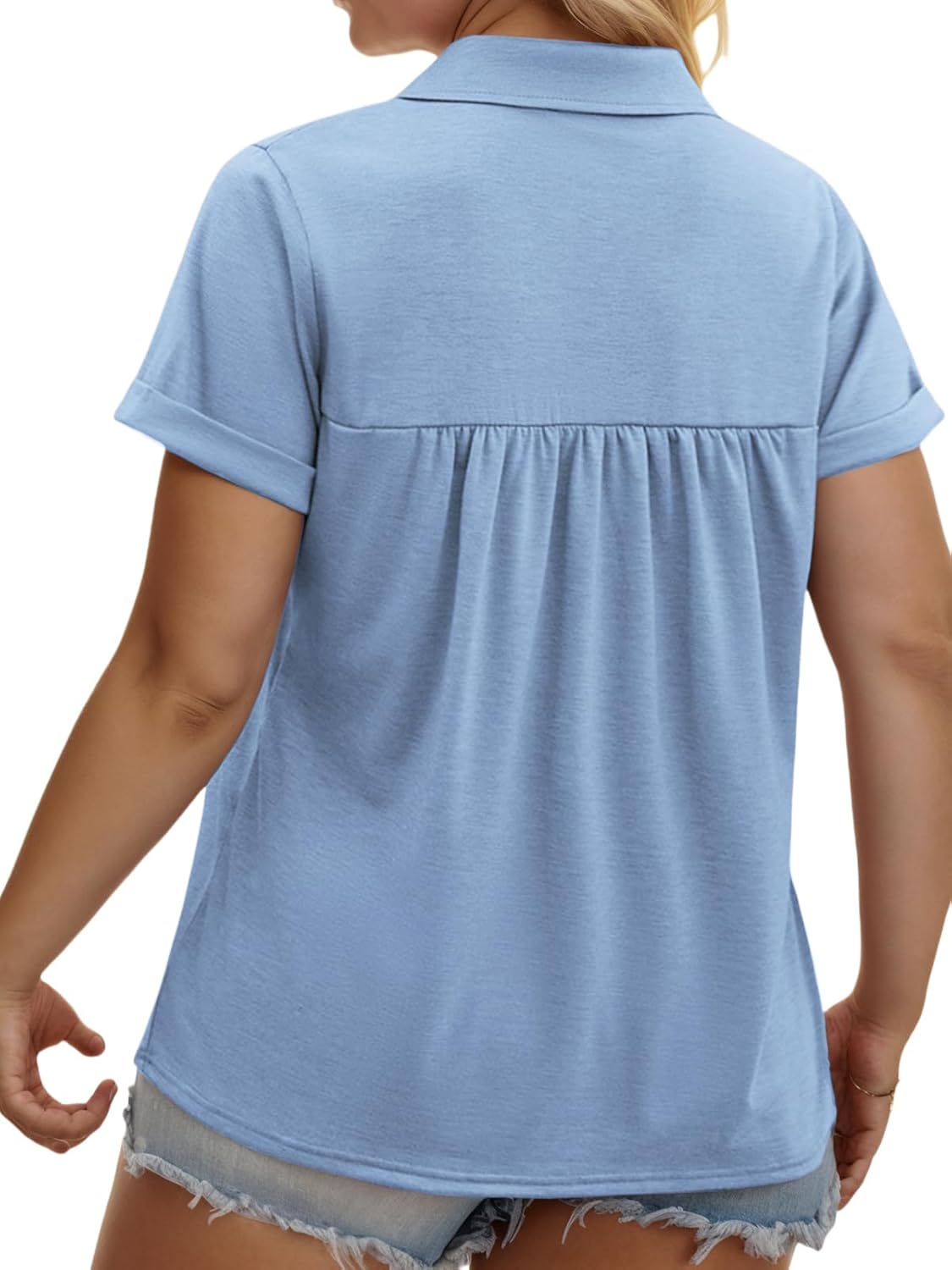 VISLILY Womens-Plus-Size-Summer-Tops Collared V Neck Polo Shirts Flowy Pleated Tunics Trendy Roll Short Sleeve Blouses - Image 3