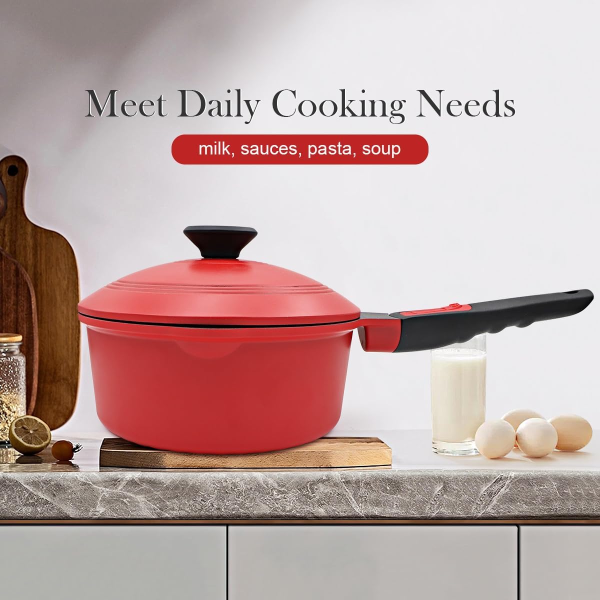 2.5 Quart Nonstick Saucepan with Lid, Sauce Pan with Pour Spout, Cooking Pot Non Stick, Milk Pan with Detachable Handle, Induction Pot, Oven Safe, PFOA Free, Red