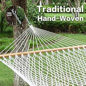Gafete Rope Hammocks Swing with 5ft Tree Straps, Traditional Hand Woven Cotton 52" Double Hammock with Free Chains & Straps & Hooks & Hardwood Spreader Bar for Outside Outdoor, Max 450Lbs (Natural) 61ppYOKsFdL. SS280