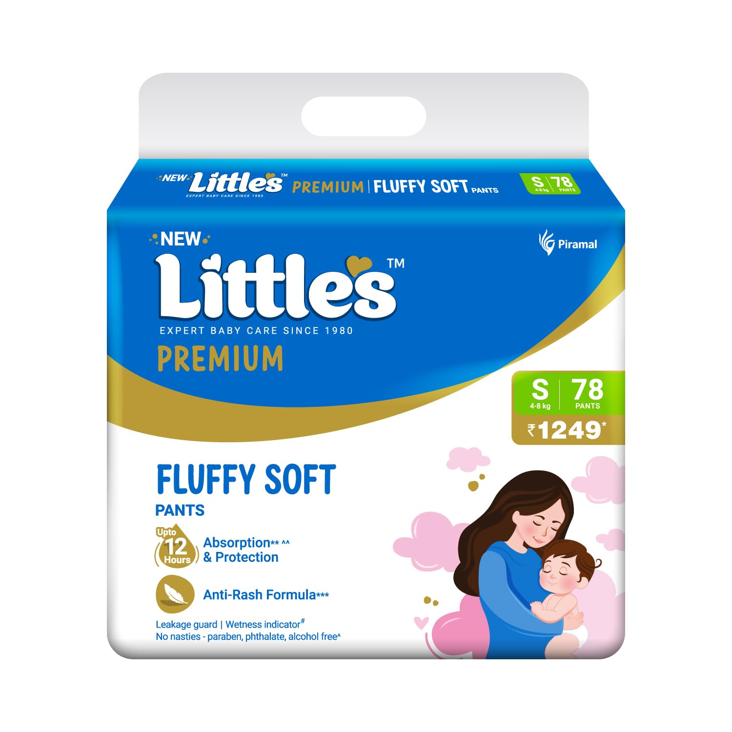 Little's Premium Baby Diapers S Size (Small) Pants Style | 4-8 kg | 78 Count | Super Jumbo FluffySoft Baby Diaper with Leakage Guard, Wetness Indicator & 12 Hours Absorption