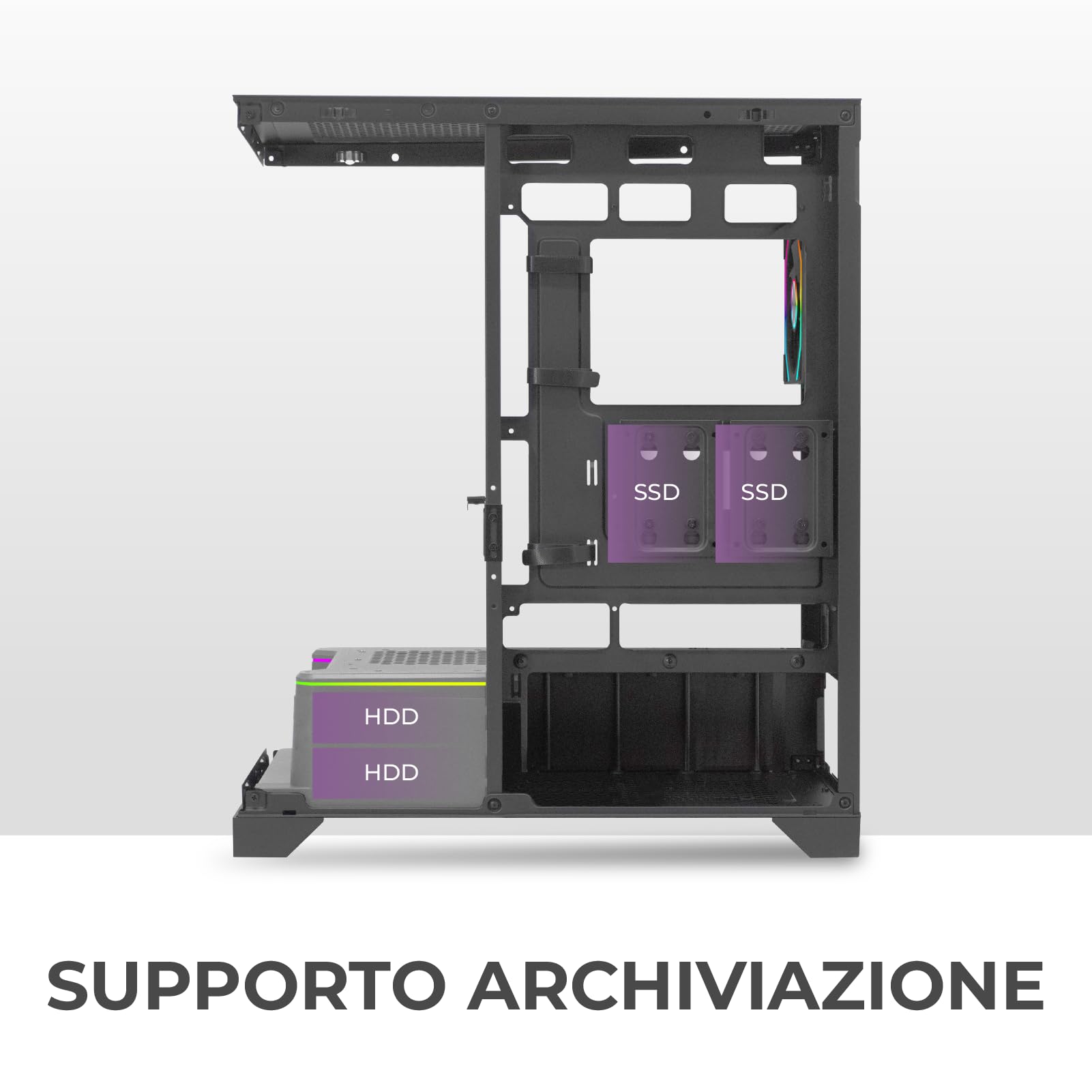 Noua Utopia FS100, Case Gaming ATX, Triplo Vetro Temperato Continuo Senza Cornici, Ventola ARGB e Strip LED ARGB, Supporto Raffreddamento Liquido fino a 360mm, Silver
