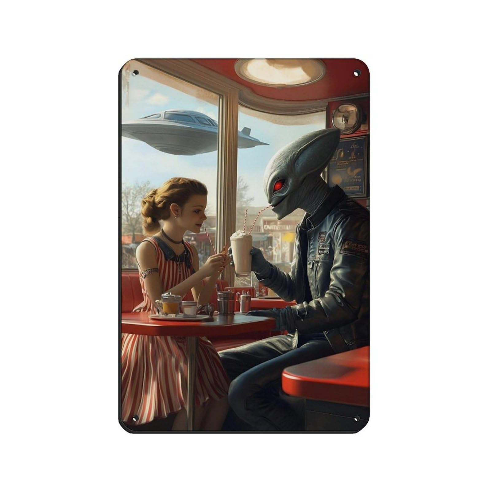 Lxwnze Girls 20L X 30W Cm Alien And Milkshake Date In Retro Diner Retro Poster Metal Tin Sign Chic Art Retro Iron Painting Bar People Cave Cafe Family Garage Poster Wall Decoration 8X12inch(20X30cm)