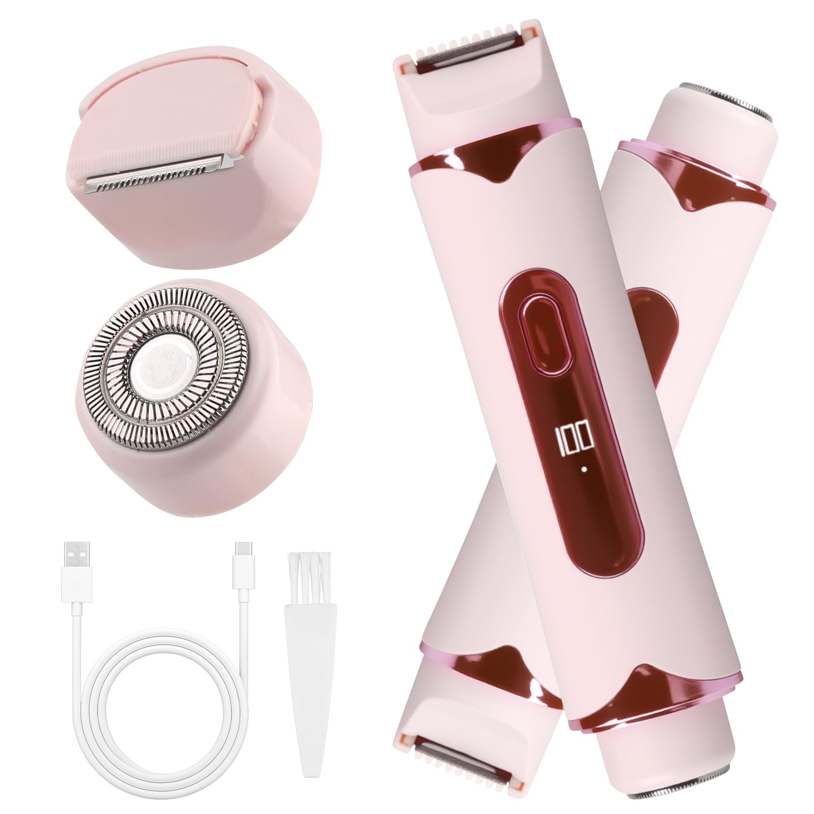 Afeitadora Electrica Mujer, Recortadora Corporal Mujer, 2 en 1 LCD Depiladora Intima Mujer para Bikini Axilas Brazos Cara Nariz, Cuchilla Cerámica Recargable USB Impermeable IPX7, Uso Húmedo y Seco