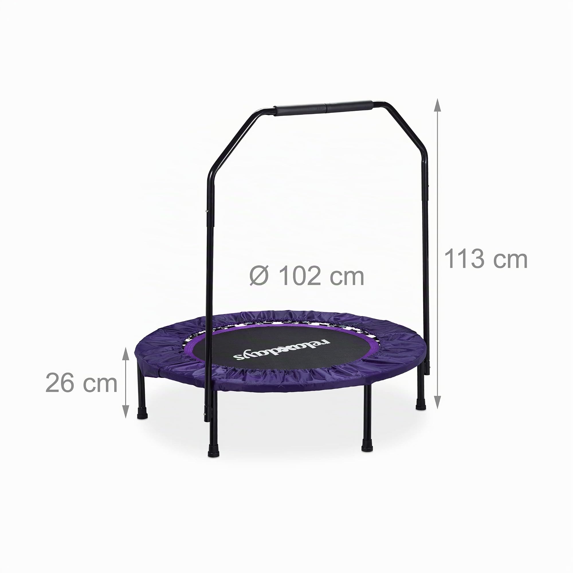 Relaxdays Trampolin faltbar mit Haltestange Indoor H x B x T: 113 x 102 x 102 cm Maximalbelastung: 120 kg schwarz-lila