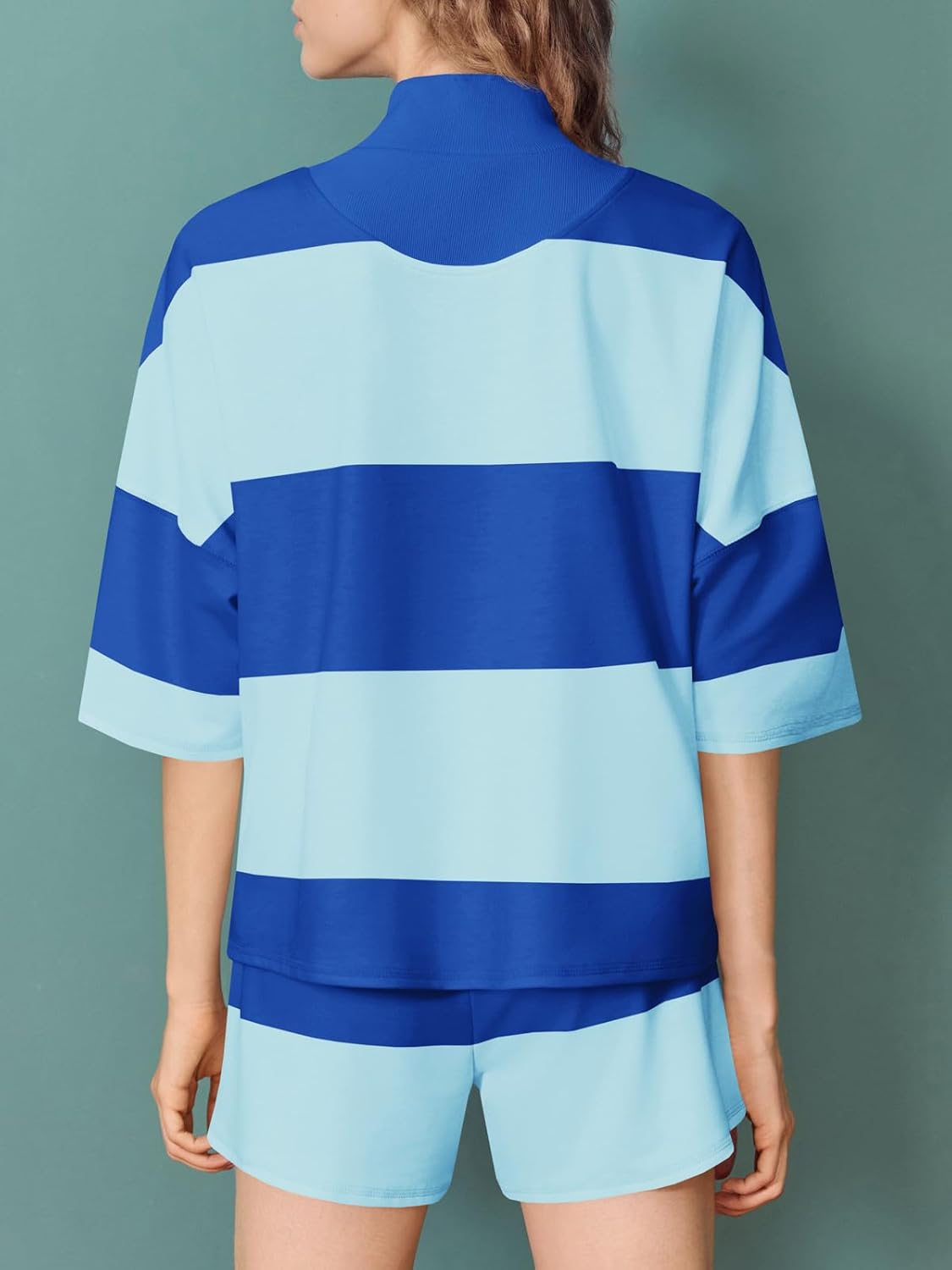 Fisoew Womens 2 Piece Outfits Summer Striped Sweatshirt Workout Shorts Sets Matching Lounge Set Tracksuits - Image 4