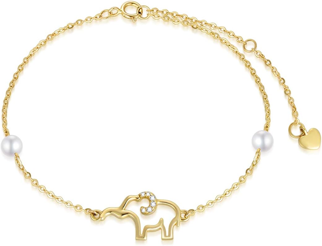 SISGEM 10k Gold Diamond Elephant Bracelet for Women, Real Gold Pearl Lucky Jewelry Bracelets Present for Her, 6.4"+1"+1"