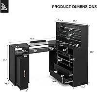 Vista 2 de Mesa de manicura en forma de L con estantes, estación de mesa de uñas con parte superior de cristal, resistente a acetona, con cajones
