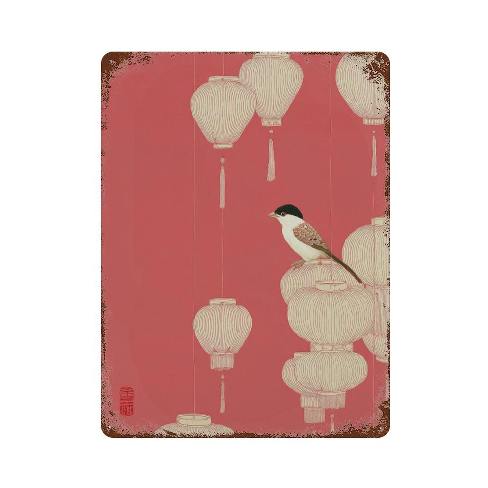 xiaoxiaoshen Japanese Lantern Bird Red Asian Minimal Work Hanging Wall Decor Art Metal Tin Poster Modern Home Decor Art Home Bar Shop Decorations Vintage Sign 40x30cm