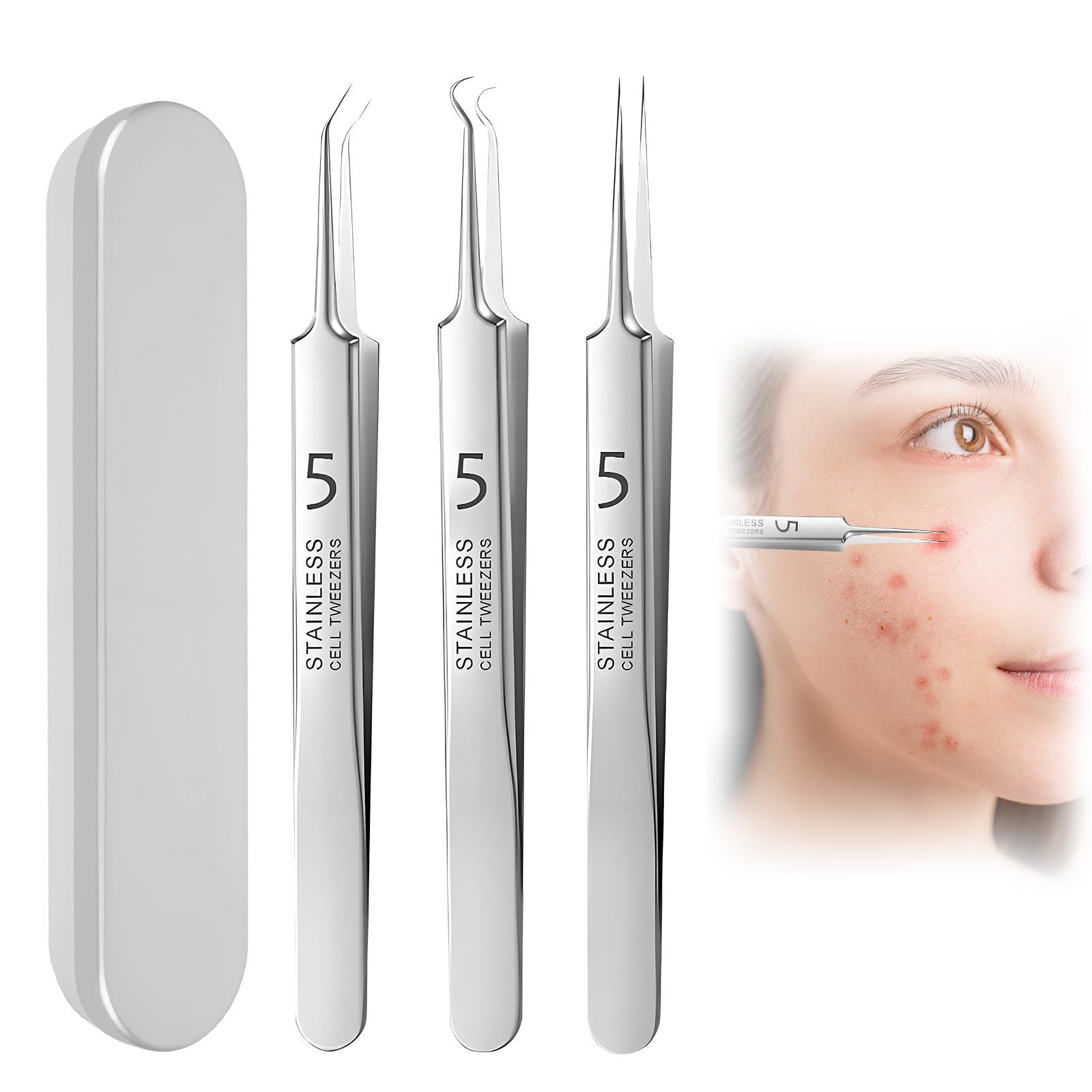 3 Piezas Pinzas de Punta Fina, Eliminación de Pinzas Blackhead Precisión Acero Inoxidable Depilar Punta Fina Profesionales para Espinillas Acné Cejas Pelo Encarnado (con Caja)