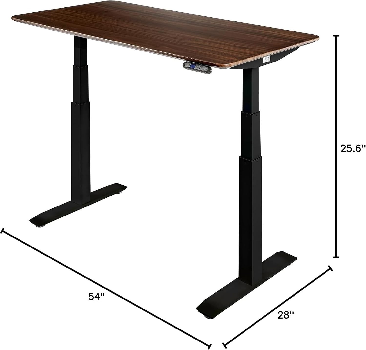 Diagram showing the dimensions of the desk: 54 inches wide, 28 inches deep, and a minimum height of 25.6 inches.