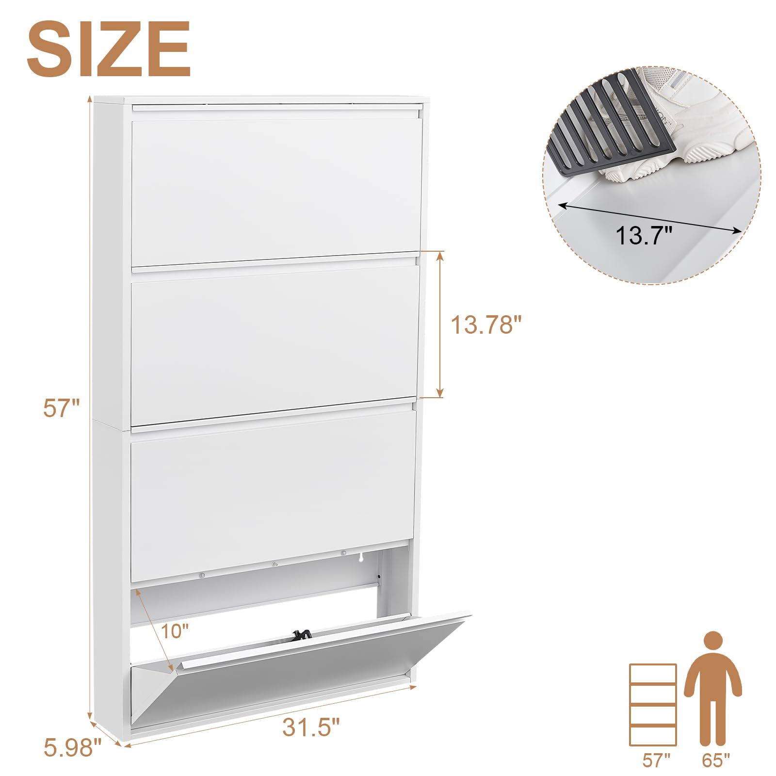 LUCYPAL Slim Shoe Cabinet for Entryway,Metal Shoe Cabinets with 4 Flip Drawers,Narrow Shoe Organizer Cabinet for Entryway,Hallway,Living Room,Hidden Shoe Rack White