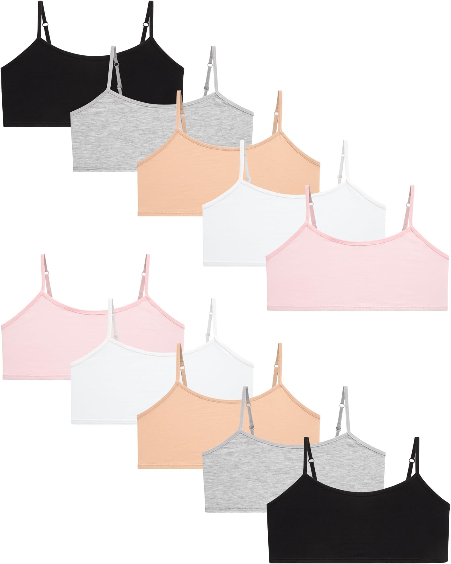 Rene Rofe Girls Training Bras - 10 Pack Soft Stretch Cotton Bra, Cami Style Girls Underwear with Adjustable Straps (7-14)