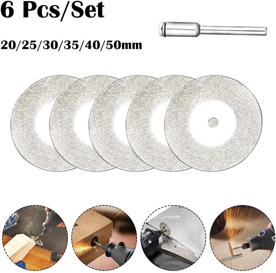 6pcs Emery Cutting Discs for Rotary Grinder with Mandrel - Circular Saw Blades for Cutting Wood, Glass, Metal, Ceramic, Stone, Marble, and Masonry (20mm)