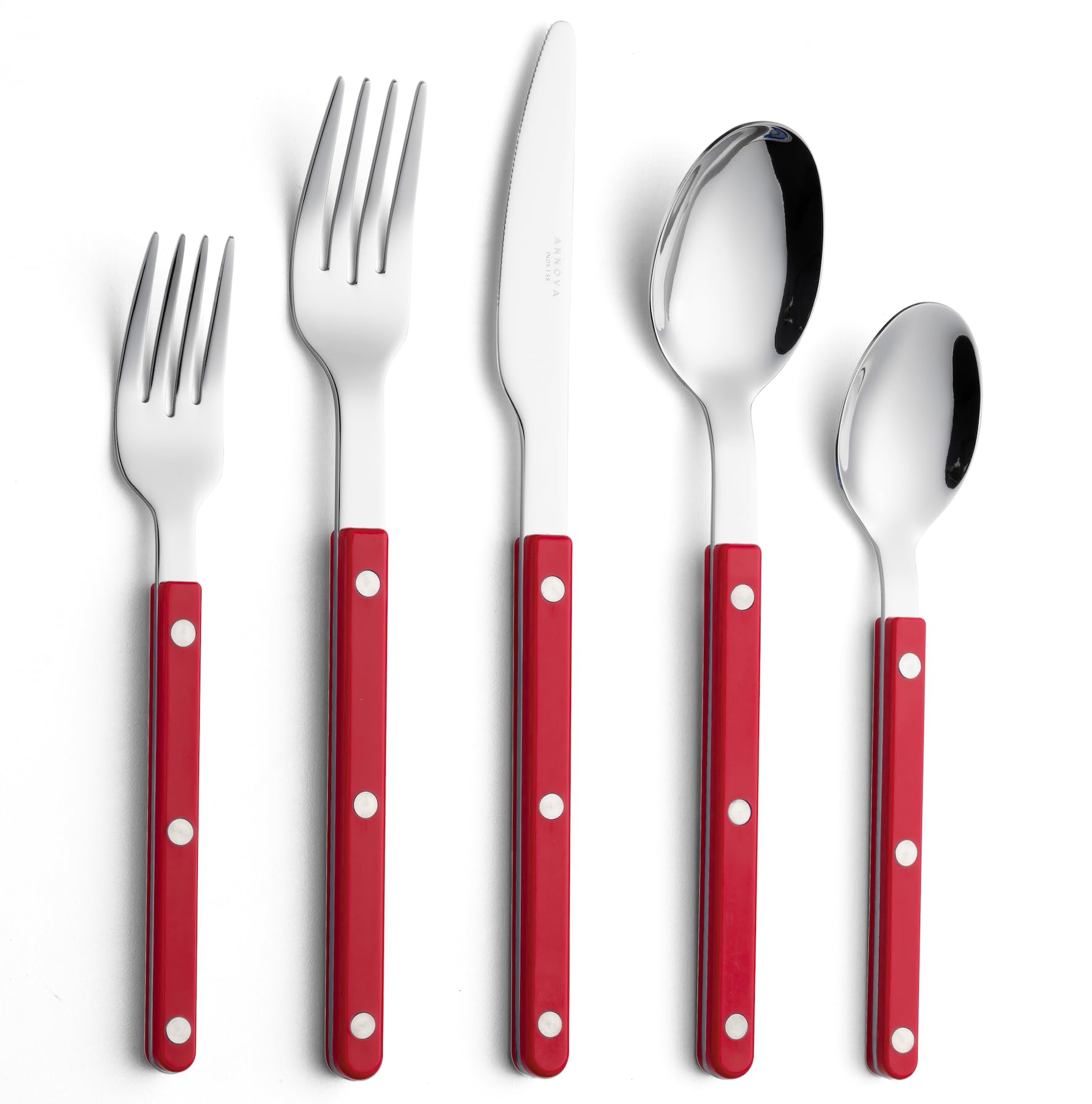 ANNOVA Silverware Set, Retro/Rivet Colorful Stainless Steel Tableware Kitchen Flatware Set Utensils, Includes Dinner Knives, Forks, Spoons, Salad Forks & Dessert Spoons (Red, 10 Pieces)