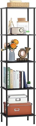 LING RUI Estantería de 5 niveles, estantería alta y estrecha con estantes, estante organizador de almacenamiento de madera y metal, estante de pie