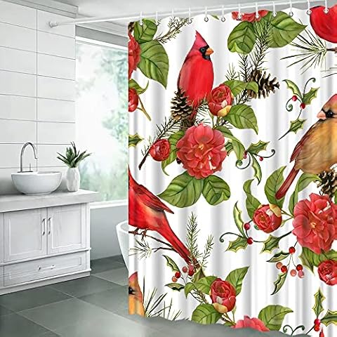 STBHUOW Rustic Birds Flower Shower Curtain Cute Bird Red Flower Tree Branch Twig Herbs Watercolor Vintage Garden Nature Spring Fabric Bathroom Decor Curtain with Hooks Cover