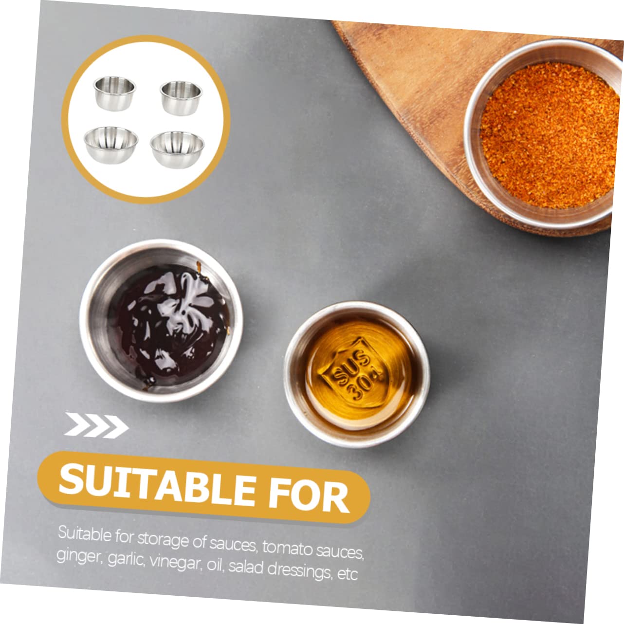 Cabilock 4pcs Stainless Steel Sauce Cups Multipurpose Condiment Dishes for Dipping for Parties Picnics and Family Meals and Elegant Kitchen Gadget
