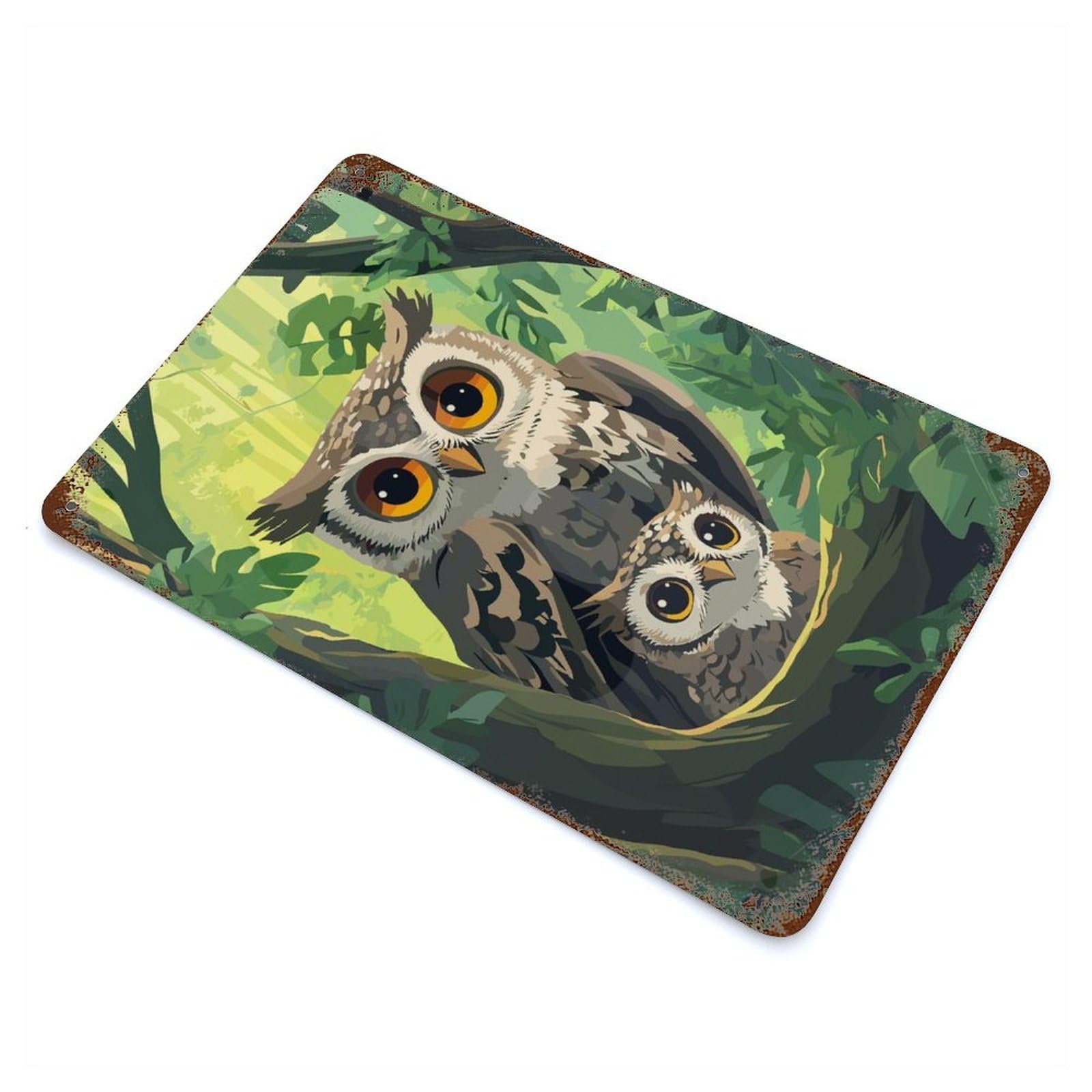 Owl Family in The Forest Vintage Wall Sign 11.8"x7.9", Rust Effect Metal Decor for Office, Studio And Wall Decor