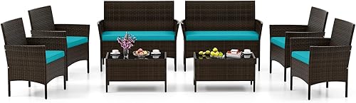 Miniatura 22 de HAPPYGRILL Juego de 4 muebles de mimbre para exteriores, juego de muebles de mimbre para patio con sillas de dos plazas y mesa de café de vidrio