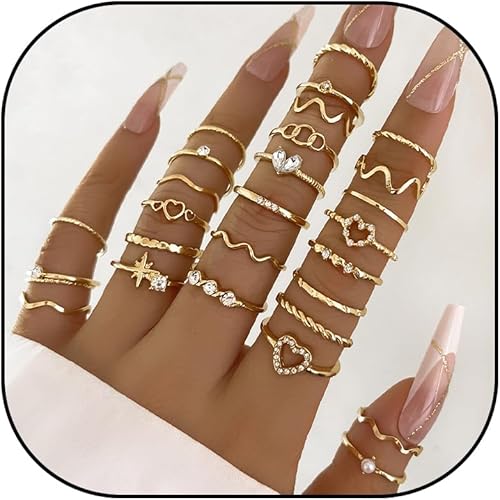Miniatura 10 de HUASAI Anillos apilables de oro para mujer, no se deslustra, bonitos anillos para adolescentes, cosas de moda, bohemio, luna, estrella, mariposa, D: