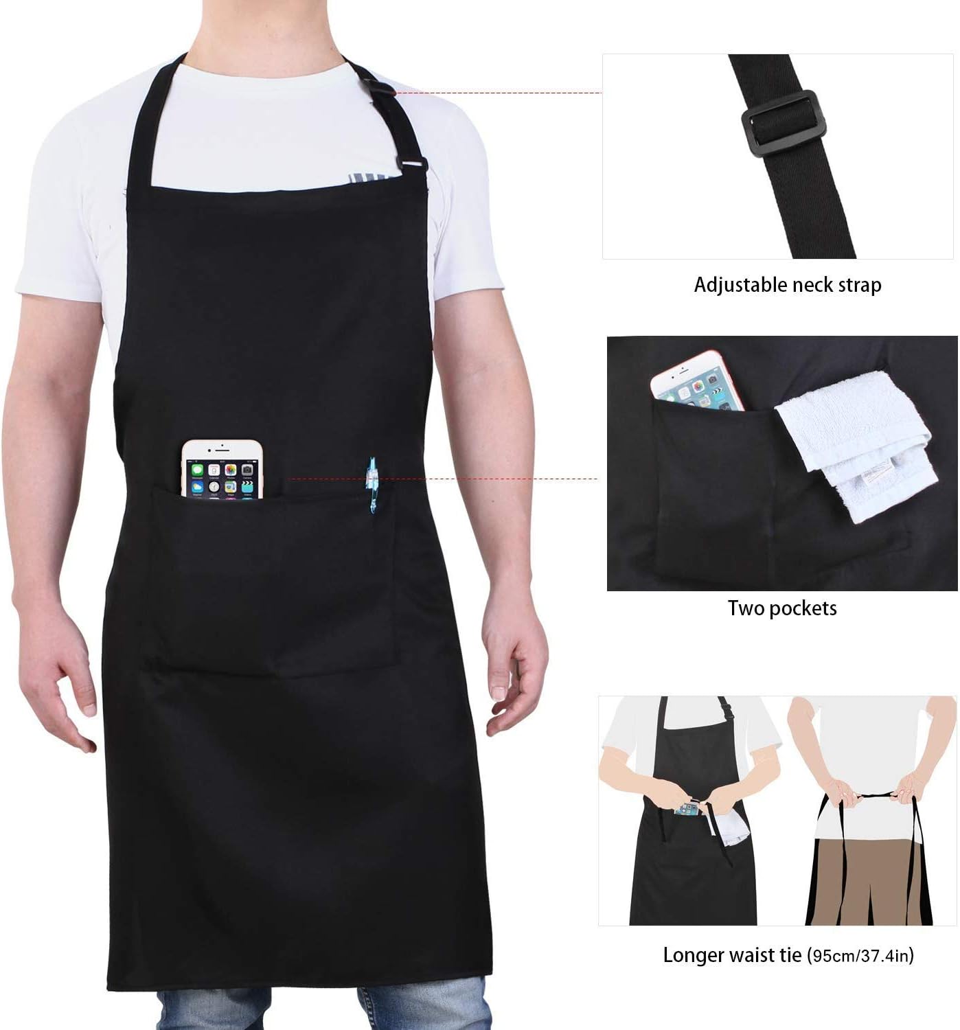 Will Well 2 Pack Adjustable Bib Aprons, Water Oil Stain Resistant Cooking Kitchen Aprons with 2 Pockets for Women Men Chef, Black