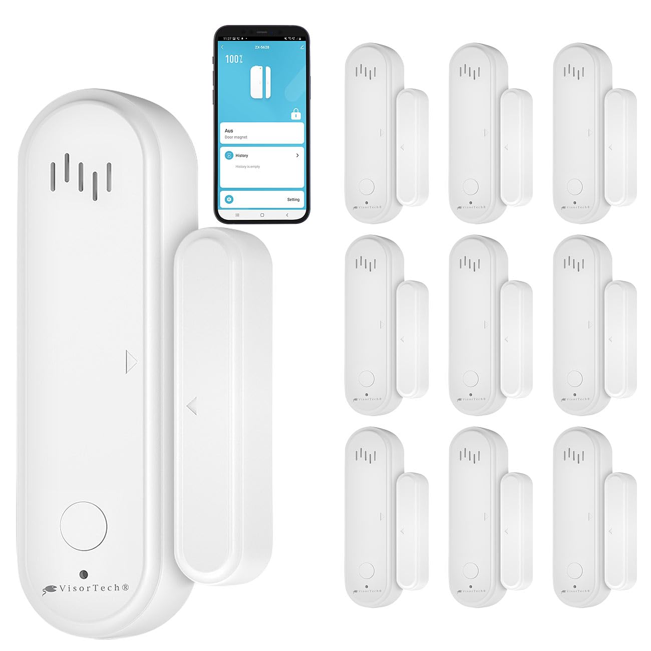 VisorTech sensori per finestre: Set da 10 Allarmi Wi-Fi per porte e finestre 2in1, compatibile con Google Assistant e Amazon Alexa, Sirena con un volume fino a 80 dB