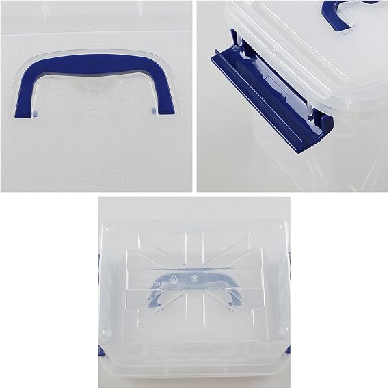 Set of 6 Clear Plastic Storage Boxes, 3 L Small Latch Box with Lids (Blue handle)