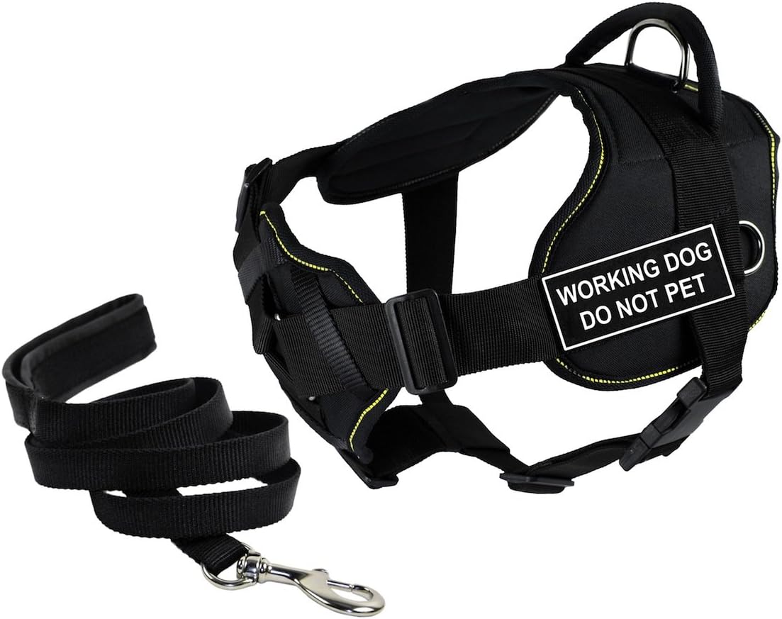Dean & Tyler Bundle of 34 to 47-Inch DT Fun Harness with Chest Support, X-Large, Yellow Trim and 6-Feet Stainless Snap Padded Puppy Leash, Black, Working Dog Do Not Pet