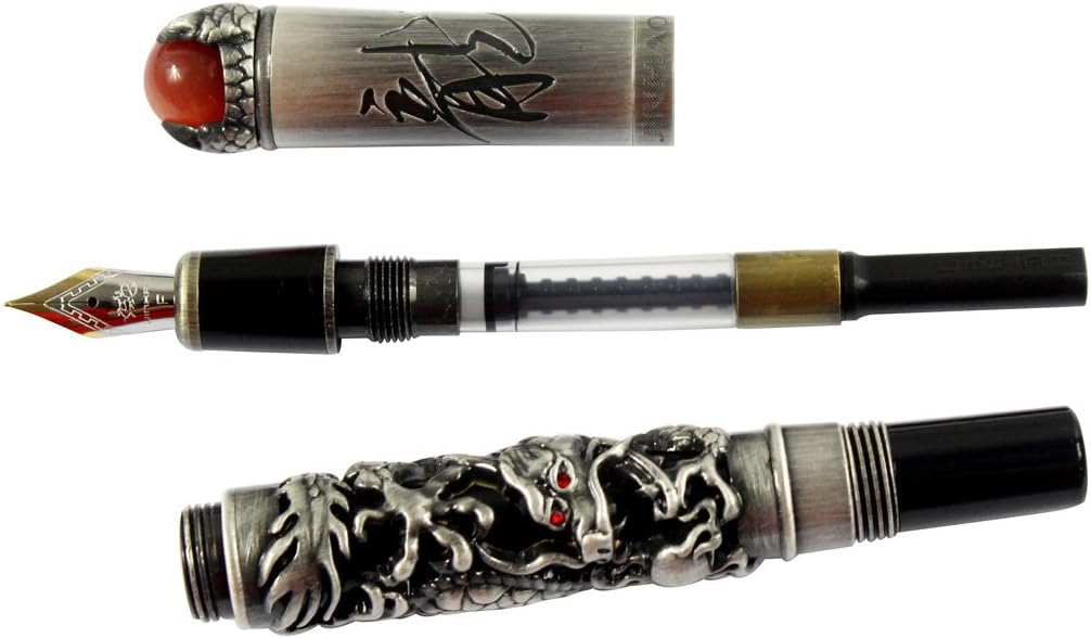 Gullor JinHao Antique Silver Dragon Style 3D Carved Fountain Pen With Red Pearl, Medium Nib, Black