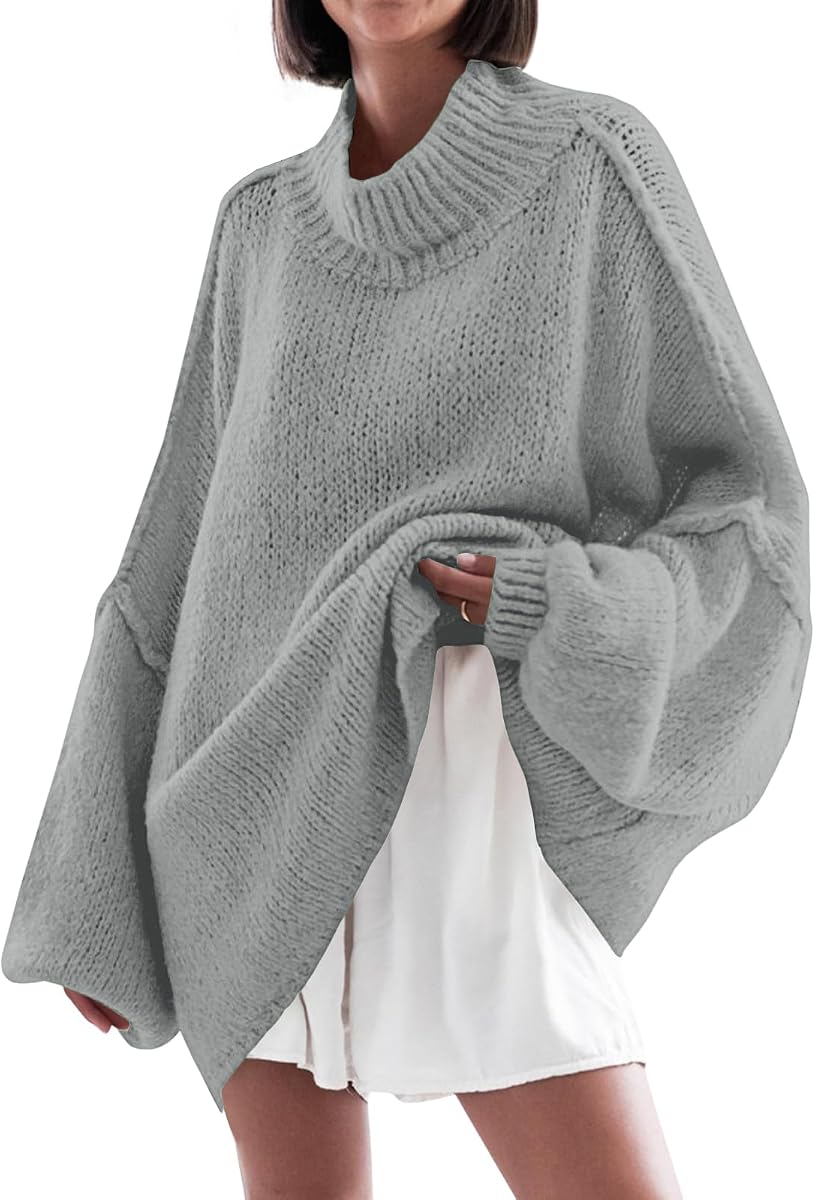 Saodimallsu Womens Oversized Sweaters Mock Neck Fall Winter Tunic Sweater | Batwing Lantern Sleeve,2026,Pullover,Trendy,Ribbed,Knit,Casual,Ladies,Chunky,Warm,Soft Sweaters