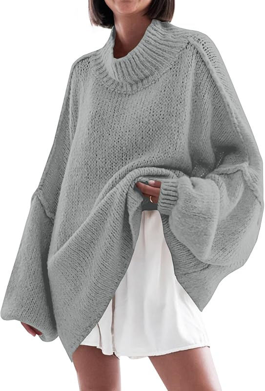 Saodimallsu Womens Oversized Sweaters Mock Neck Fall Winter Tunic Sweater | Batwing Lantern Sleeve,2026,Pullover,Trendy,Ribbed,Knit,Casual,Ladies,Chunky,Warm,Soft Sweaters