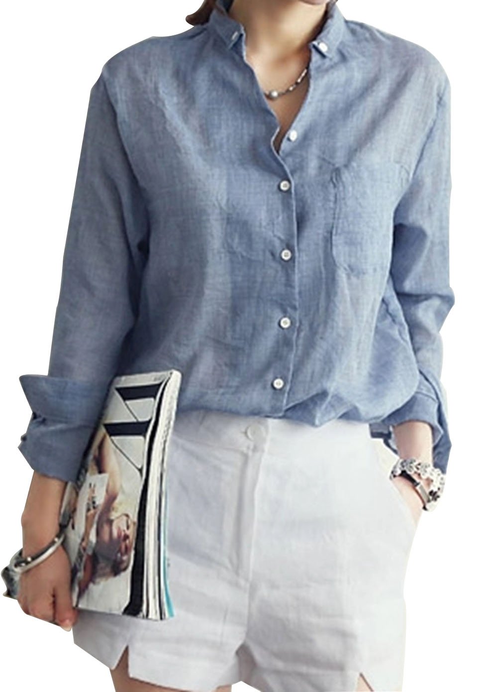 Womens Flax Loose linen Plus Proket Long Sleeves Button Down Shirt Blouse