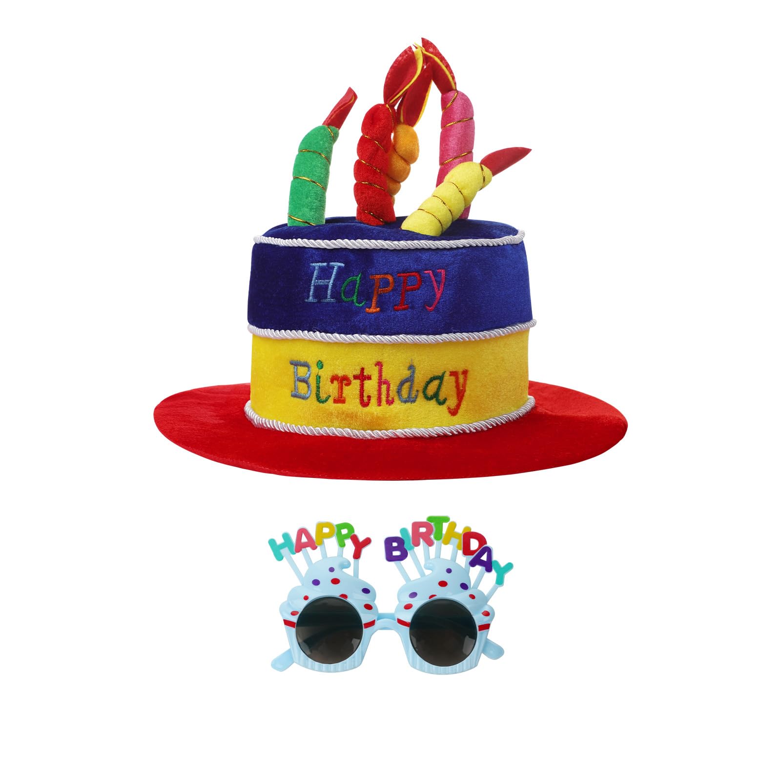 Faxianther Funny Happy Birthday Cake Hat Glasses Set Men Women Cozy Plush Cake Hat Costume Headwear Accessory with Multicolor Candles & Sunglasses for Birthday Party Halloween Cosplay Carnival
