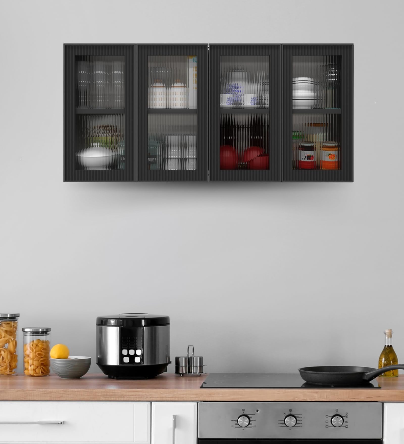 SPECIALITY PANELS Aluminium Black Profile 4 Door Wall Cabinet | Fluted Glass Handless Shutters | Wall Mounted Kitchen Storage Cupboard | Space Saving Multipurpose Storage Unit (Slate Grey Finish)-picture-29