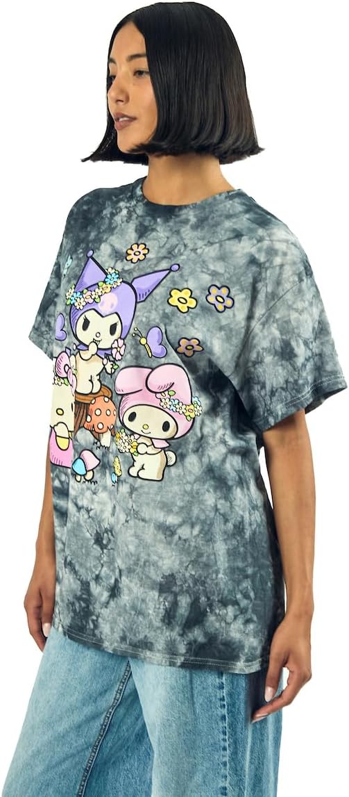 Kuromi, My Melody and Hello Kitty Puff Print Mushroom Scene Women's Black Cloud Wash Crew Neck Short Sleeve T-Shirt