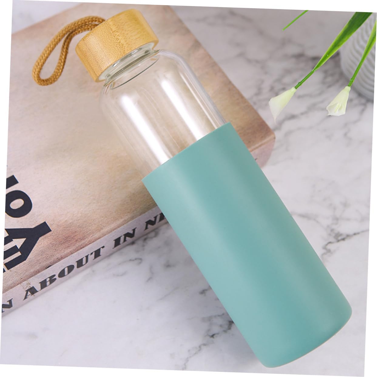 Unomor Light Green Glass Drinking Cup Bamboo Lid Silicone Sleeve Tea Water Cup Sealing Bottle