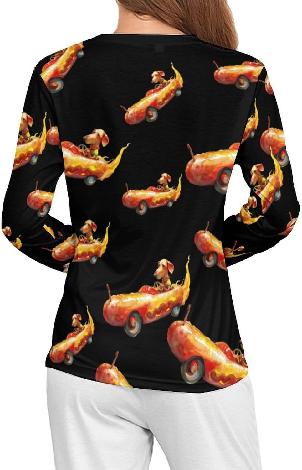 Dachshund Driving Hot Dog Flame Car Women's Pajama Top Sleepwear Pajamas Sleep T-Shirt Long Sleeve Shirt Crewneck Tee