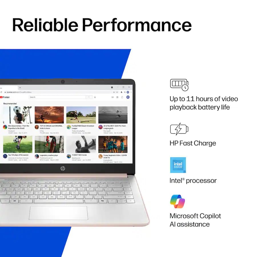 Image of HP 14 inch HD Laptop, Intel Processor N150, 4GB LPDDR5, 256GB Storage (128GB UFS+128GB SD Card), HDMI, USB-C, USB-A, Bluetooth, WiFi, Copilot, Fast Charge, Microsoft 365, Win 11 Home, Pale Rose Gold