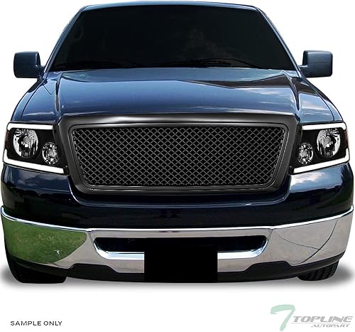 Miniatura 2 de 7422445729729 Compatible con Ford F150 DRL 2004-2008 - Barra de tira LED negra con reflector ámbar + rejilla de parachoques delantero de malla negra