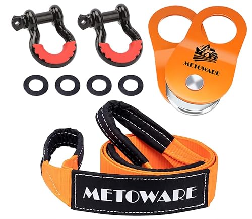 Metoware Offroad Recovery Kit - 3" X8' Tree Saver, Tow Strap With 2Pk D Ring Shackles And 10 Ton Heavy Duty Snatch Block Pulley #TOP18