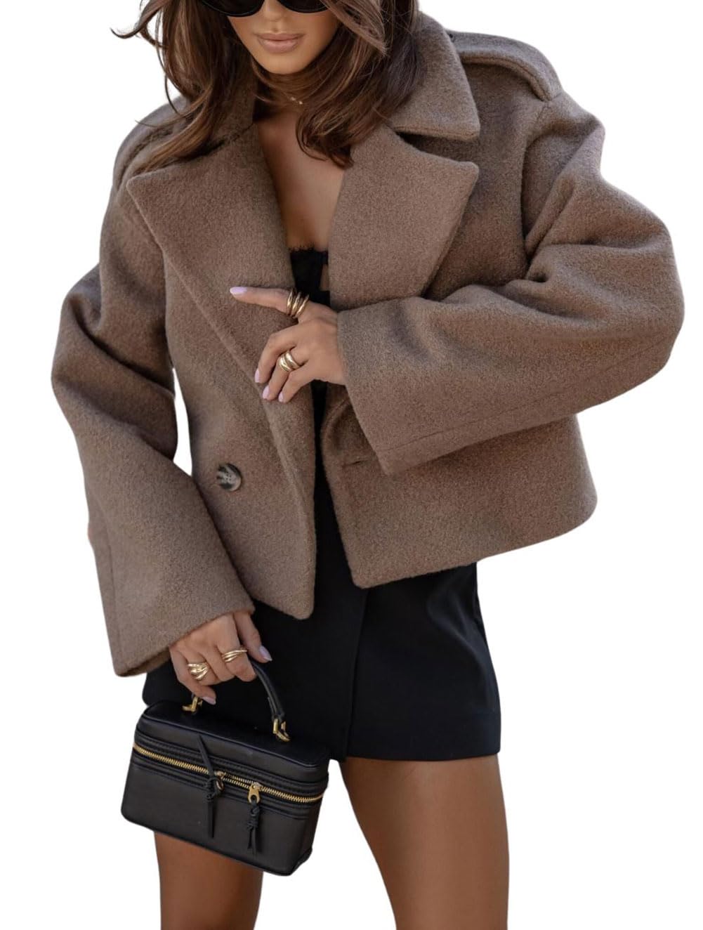 CHARTOU Women Crop Pea Coat Wool Blend Office Work Lapel Collar Short Winter Jacket Trench Coat