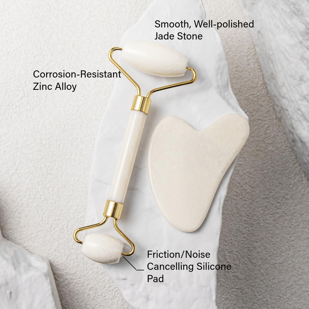 Jade Gesichtsroller & Gua Sha Massagewerkzeug für Gesicht, Augen & Hals Hautpflege, 100% Natürlicher Jade Stein Gesichtsroller Gua Sha Massagewerkzeug, Augenroller für geschwollene Augen