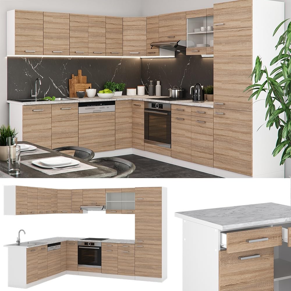 Vicco Eckküche R-Line, Sonoma/Weiß, 287 x 227 cm | AP Anthrazit, mit modularen Elementen flexibel erweiterbar