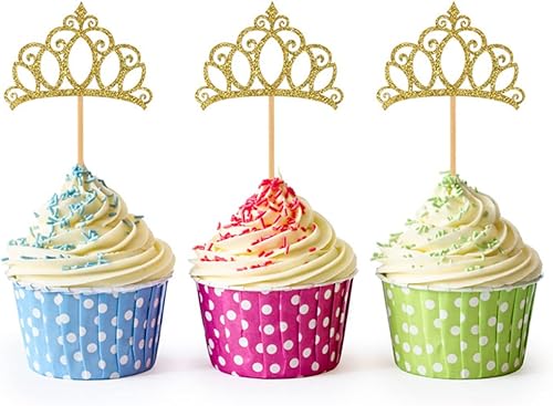 Miniatura 3 de Morndew 24 decoraciones de corona de princesa dorada para cupcakes para fiestas de cumpleaños de niños, bodas, fiestas de baby shower