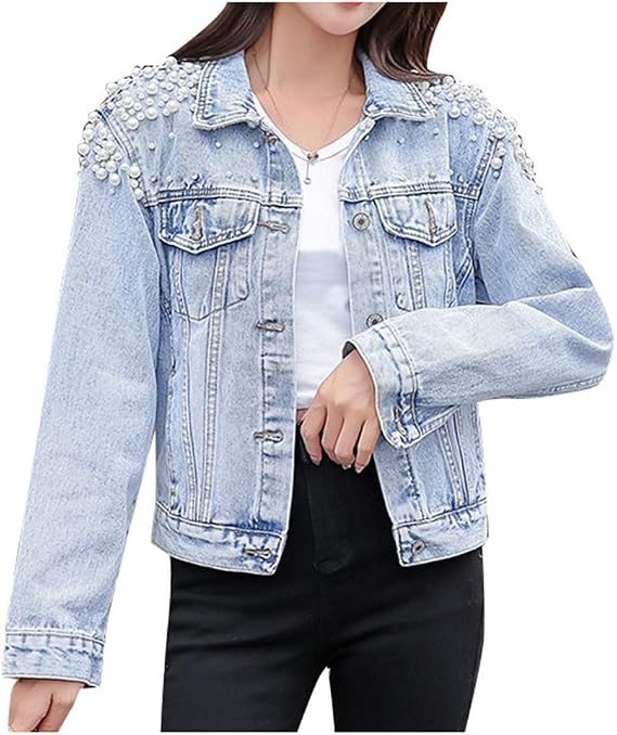 Pearl Beading Crop Denim Jacket 