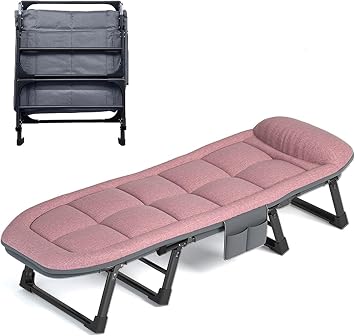 Lightweight Folding Bed Foldable Single Bed With Adjustable Tilt Function, Thickened Steel Frame, Mattress Included, Side Storage Pockets Camping Folding BedMulti-colored